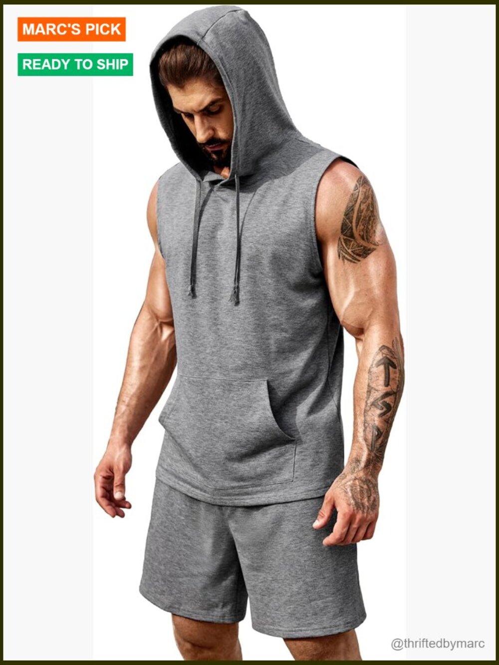 Men's Sleeveless Hoodie Shorts Set Gym Workout Activewear 2-Piece